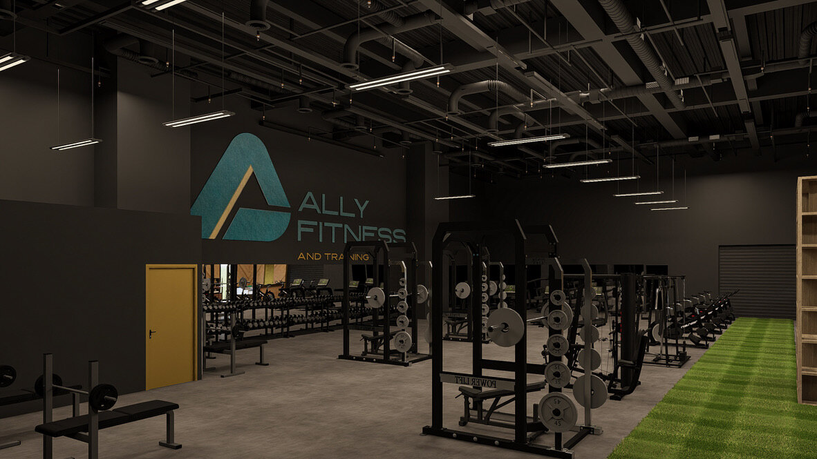 Inside the new Ally Fitness: main floor with power racks, free weights, and turf training area