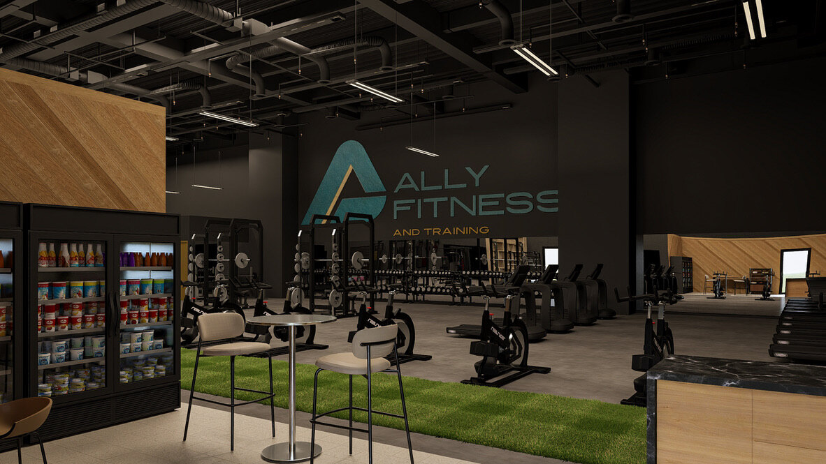 Ally Fitness new location: lobby with seating, refrigerator, and Echo bikes